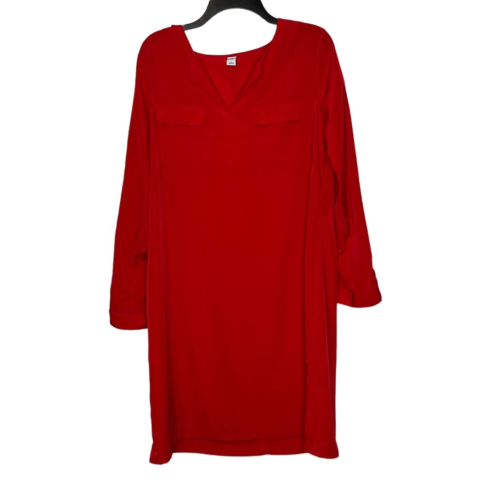 Old Navy V Neck Pockets Roll up Tab Long Sleeve Shift Dress Red Women‎ Large